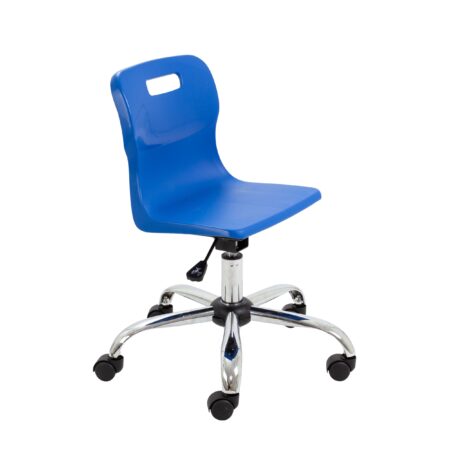 Titan Swivel Junior Chair, Size 3-4, with a blue seat and chrome base, featuring castors for mobility.