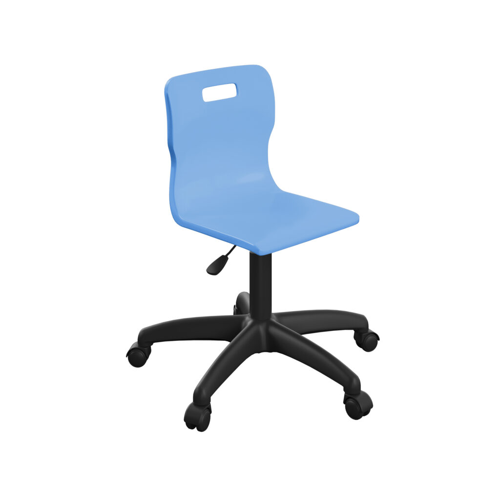 Titan Swivel Junior Chair in blue with plastic base, castors, and lumbar support, designed for educational settings.