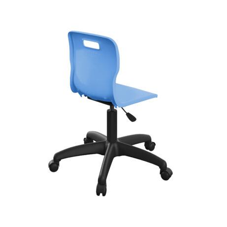 Titan Swivel Junior Chair in blue with plastic base and castors, featuring height adjustment and lumbar support for educational use.