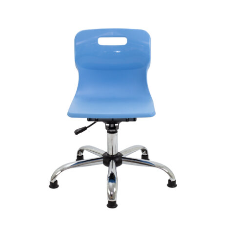 Titan Swivel Junior Chair with blue plastic seat, chrome base, height adjustability, and glide feet for educational settings.