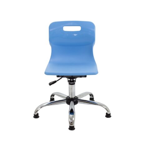 Titan Swivel Junior Chair with blue plastic seat, chrome base, height adjustability, and glide feet for educational settings.