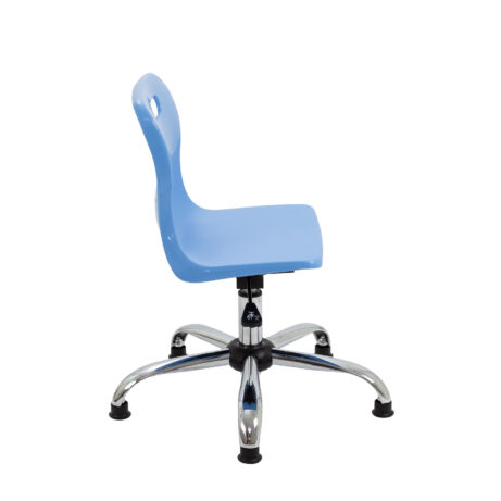 Titan Swivel Junior Chair with blue plastic seat, chrome base, glides, height adjustable, designed for educational settings.