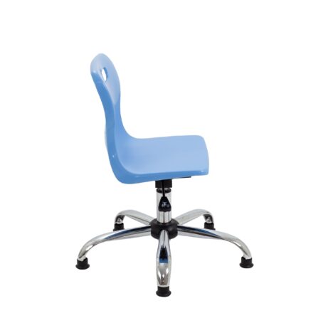 Titan Swivel Junior Chair with blue plastic seat, chrome base, glides, height adjustable, designed for educational settings.