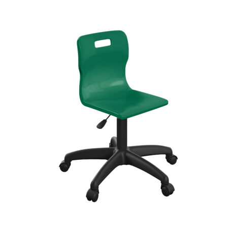 Titan Swivel Junior Chair, Size 3-8, green plastic seat, black plastic base with castors.