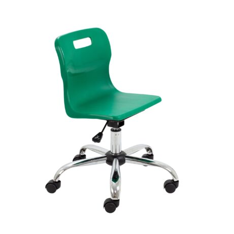 Titan Swivel Junior Chair, Size 3-4, green seat, chrome base with castors. Ideal for children's use.