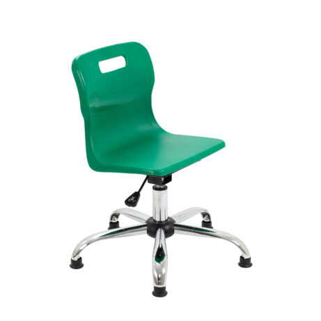 Titan Swivel Junior Chair, Size 3-4, green seat with chrome base and glides. Adjustable height and modern design.