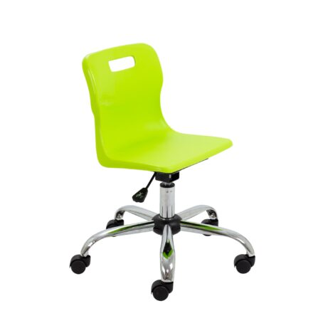 Titan Swivel Junior Chair, Size 3-4, Lime seat, Chrome base, with castors for mobility.
