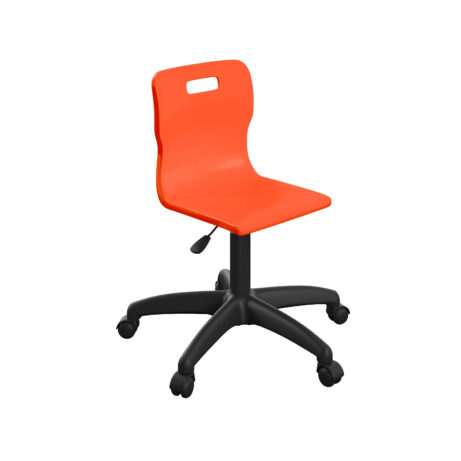 Titan Swivel Junior Chair, Size 3-11, Orange seat with Black plastic base and castors.