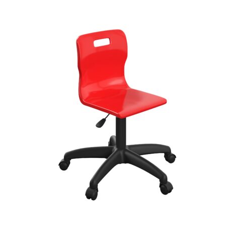 Titan Swivel Junior Chair, Size 3-13, red plastic seat, black plastic base with castors.