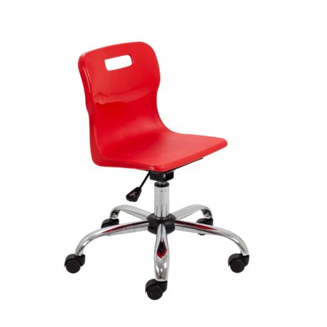 Titan Swivel Junior Chair in red with chrome base and castors, suitable for sizes 3-4.