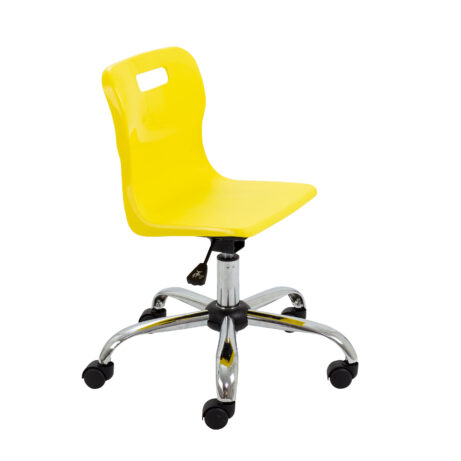 Titan Swivel Junior Chair, Size 3-4, yellow seat with chrome base and castors. Ideal for children’s workspaces.