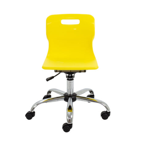 Titan Swivel Junior Chair in yellow with chrome base and castors, featuring height adjustment and lumbar support.
