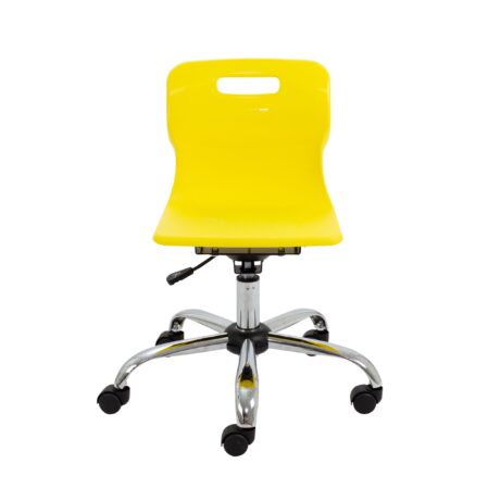 Titan Swivel Junior Chair in yellow with chrome base and castors, featuring height adjustment and lumbar support.