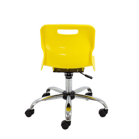 Titan Swivel Junior Chair in yellow with a chrome base and castors, featuring a height-adjustable seat and lumbar support.