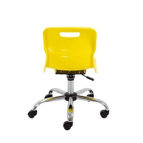 Titan Swivel Junior Chair in yellow with a chrome base and castors, featuring a height-adjustable seat and lumbar support.