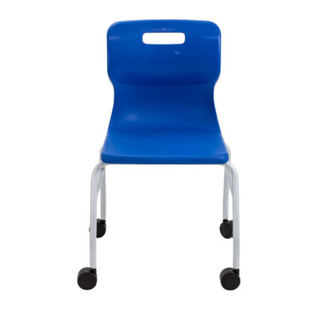 Titan Move 4 Leg Chair with Castors in blue, featuring ergonomic support and a sturdy steel frame, perfect for educational spaces.