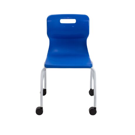 Titan Move 4 Leg Chair with Castors in blue, featuring ergonomic support and a sturdy steel frame, perfect for educational spaces.
