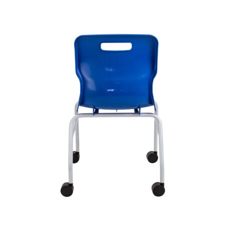 Titan Move 4 Leg Chair with Castors in blue, featuring a sturdy steel frame, ergonomic design, and easy mobility for educational spaces.