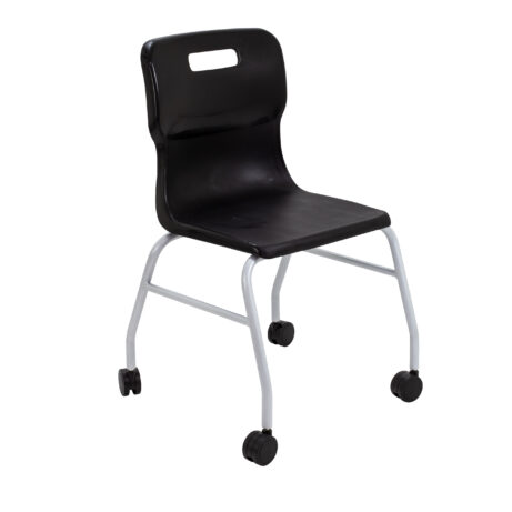 Titan Move 4 Leg Chair with Castors, featuring a black seat and silver metal frame. Ideal for flexible seating arrangements.