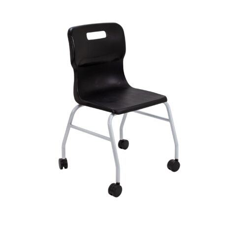 Titan Move 4 Leg Chair with Castors, featuring a black seat and silver metal frame. Ideal for flexible seating arrangements.