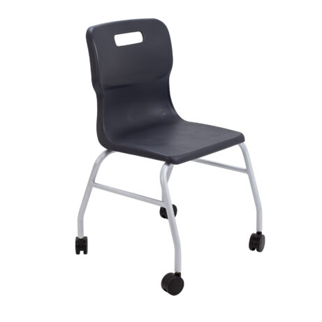 Charcoal Titan Move 4 Leg Chair with castors, featuring a plastic seat and a silver metal frame.