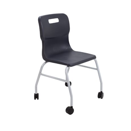 Charcoal Titan Move 4 Leg Chair with castors, featuring a plastic seat and a silver metal frame.