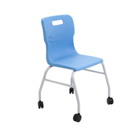 Titan Move 4 Leg Chair with Castors in Sky Blue, featuring a durable plastic seat and metal frame.