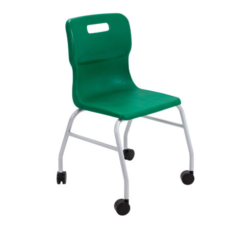 Titan Move 4 Leg Chair with castors, featuring a green plastic seat and silver metal frame.