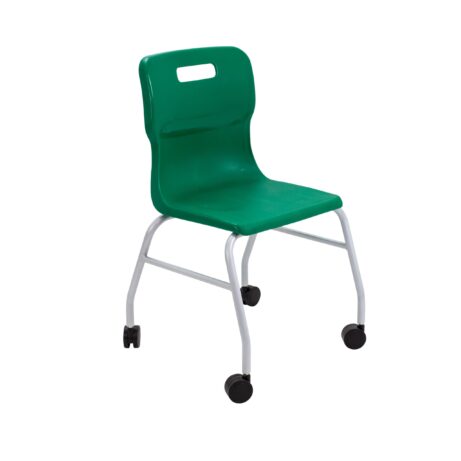 Titan Move 4 Leg Chair with castors, featuring a green plastic seat and silver metal frame.