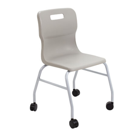 Titan Move 4 Leg Chair with Castors in grey, featuring a molded plastic seat and sturdy metal frame.
