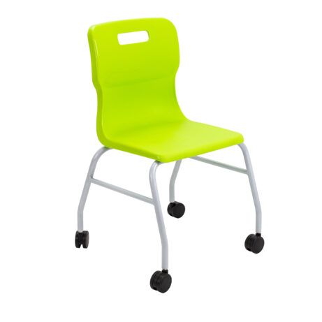 Titan Move 4 Leg Chair with Castors in vibrant lime green, featuring a curved seat and smooth rolling wheels.
