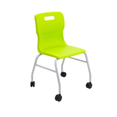 Titan Move 4 Leg Chair with Castors in vibrant lime green, featuring a curved seat and smooth rolling wheels.