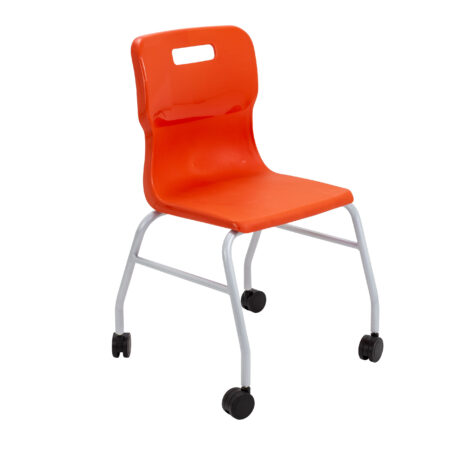 Titan Move 4 Leg Chair with castors in vibrant orange color, featuring a molded plastic seat and metal legs.