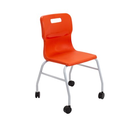 Titan Move 4 Leg Chair with castors in vibrant orange color, featuring a molded plastic seat and metal legs.