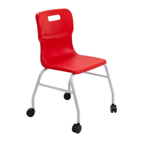Titan Move 4 Leg Chair with castors, featuring a red plastic seat and backrest with a silver metal frame.