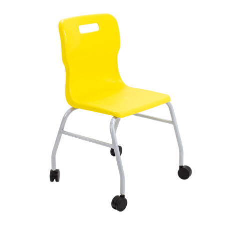 Titan Move 4 Leg Chair with castors in bright yellow, featuring a durable plastic seat and metal frame.