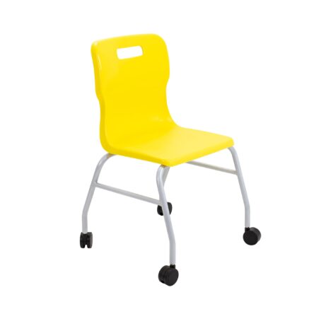 Titan Move 4 Leg Chair with castors in bright yellow, featuring a durable plastic seat and metal frame.