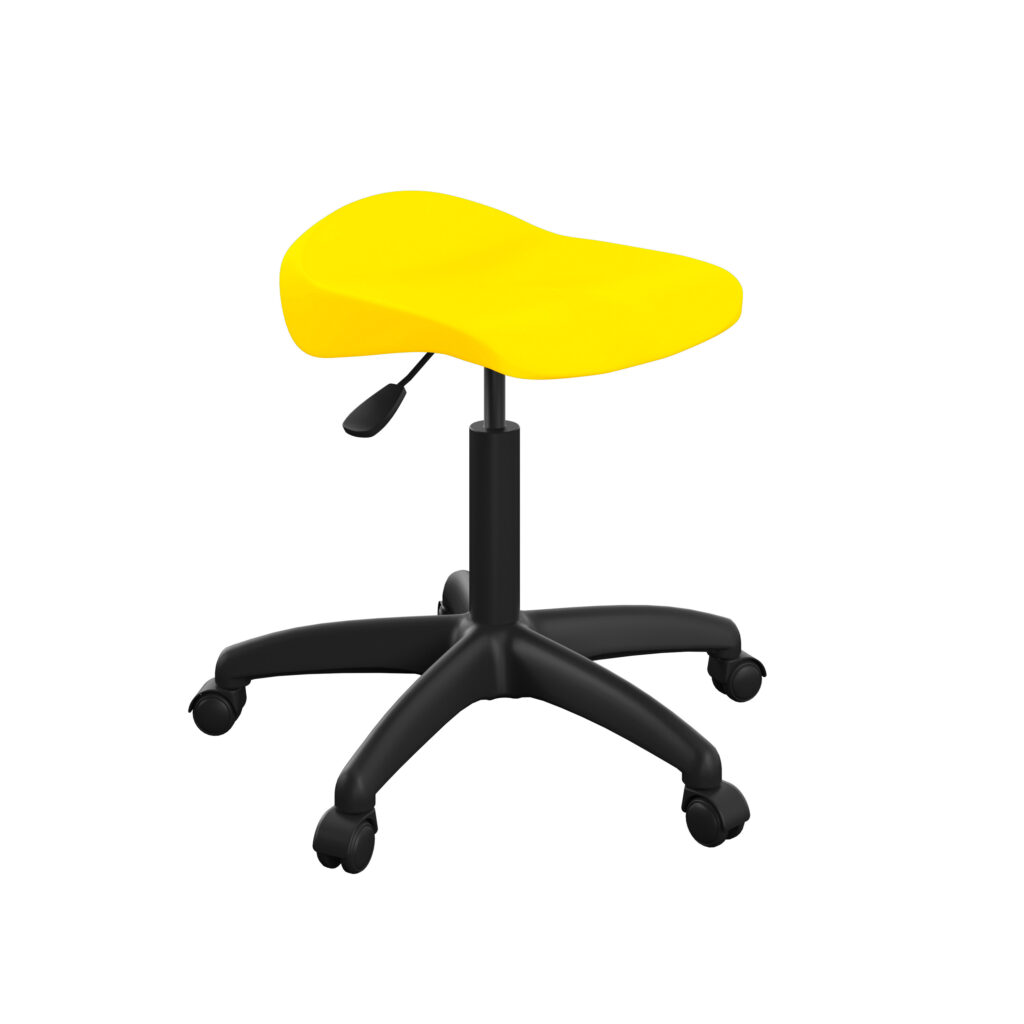 Height-adjustable Titan Swivel Senior Stool with yellow seat, durable black plastic base, and easy-glide castors.