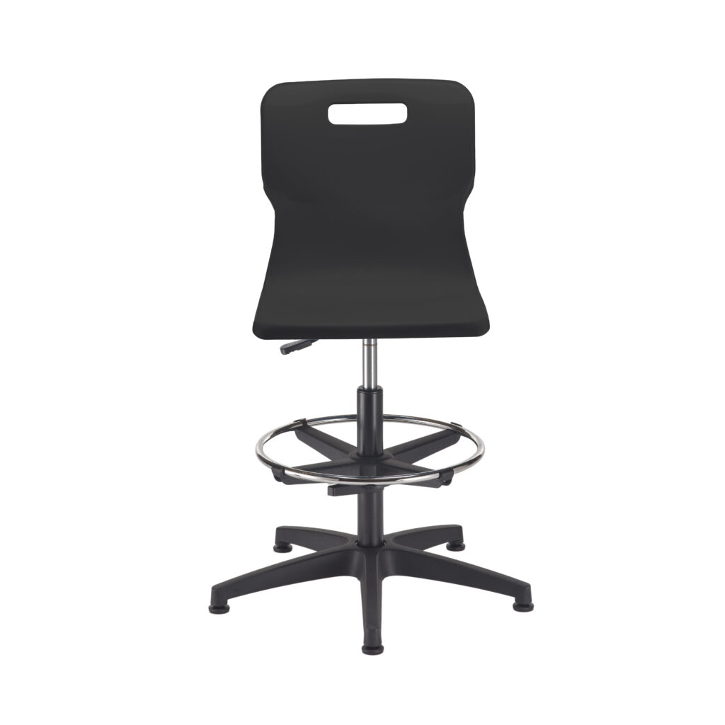 Titan Swivel Senior Chair, Size 5-6, black with chrome accents, adjustable D-Kit, featuring a chrome base and castors.