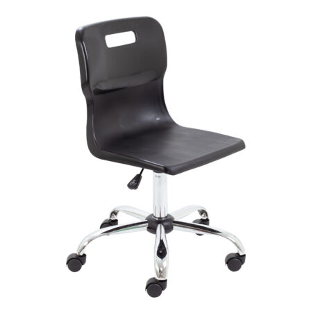 Titan Swivel Senior Chair, Size 5-6, black seat, chrome base with castors. Modern and functional design.