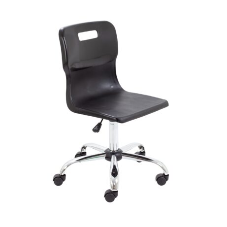 Titan Swivel Senior Chair, Size 5-6, black seat, chrome base with castors. Modern and functional design.