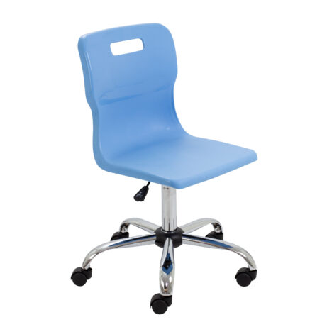 Titan Swivel Senior Chair, Size 5-6, Sky Blue seat, Chrome base with castors.