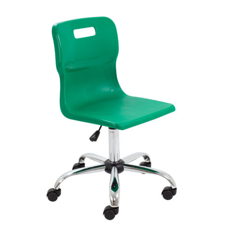 Titan Swivel Senior Chair, Size 5-6, green seat with chrome base and castors. Ideal for classrooms or offices.
