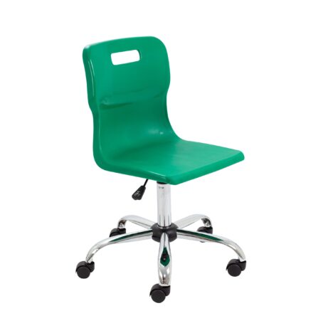 Titan Swivel Senior Chair, Size 5-6, green seat with chrome base and castors. Ideal for classrooms or offices.