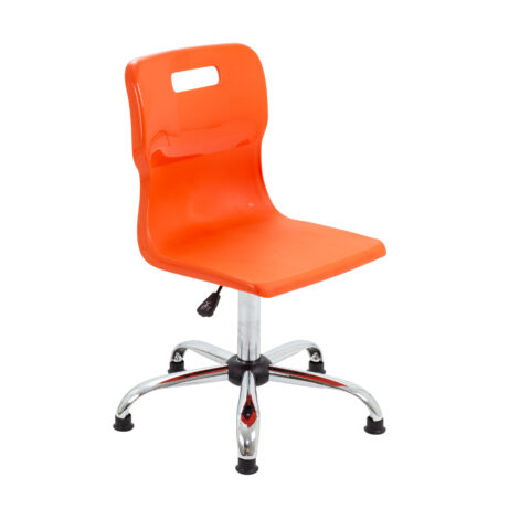 Titan Swivel Senior Chair, orange seat, chrome base and glides, size 5-6. Ideal for contemporary office settings.