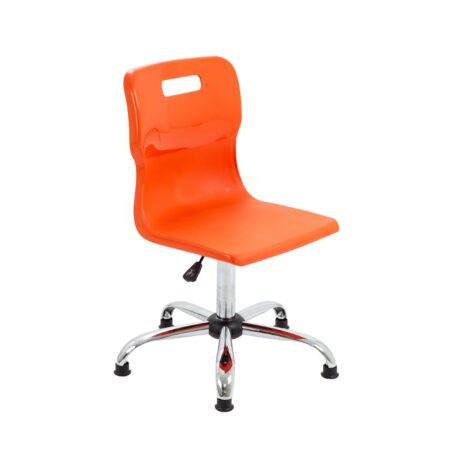 Titan Swivel Senior Chair, orange seat, chrome base and glides, size 5-6. Ideal for contemporary office settings.