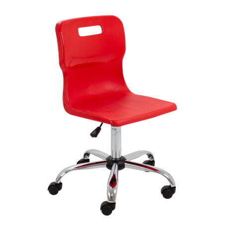 Titan Swivel Senior Chair, Size 5-6, Red seat with chrome base and castors.