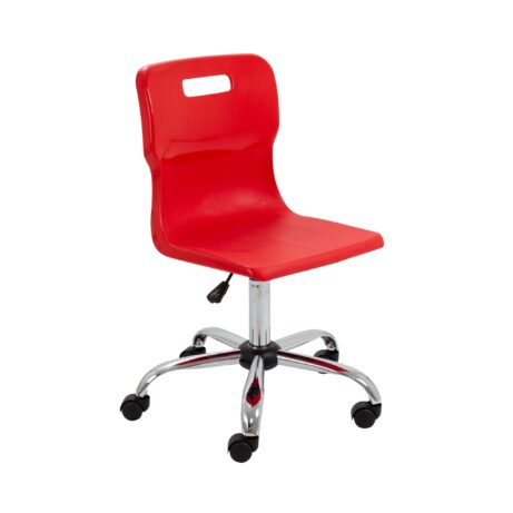 Titan Swivel Senior Chair, Size 5-6, Red seat with chrome base and castors.