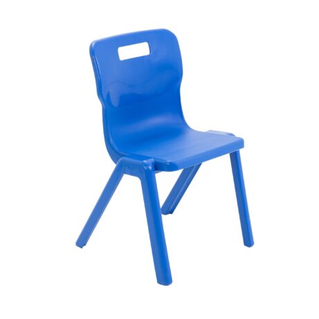 Titan One Piece Chair, Size 4, in blue, with a sturdy plastic design and a handle cutout for easy portability.