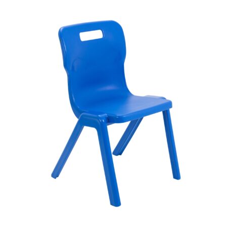 Titan One Piece Chair, Size 5, in vibrant blue, features a sturdy design with a cutout handle for easy movement.